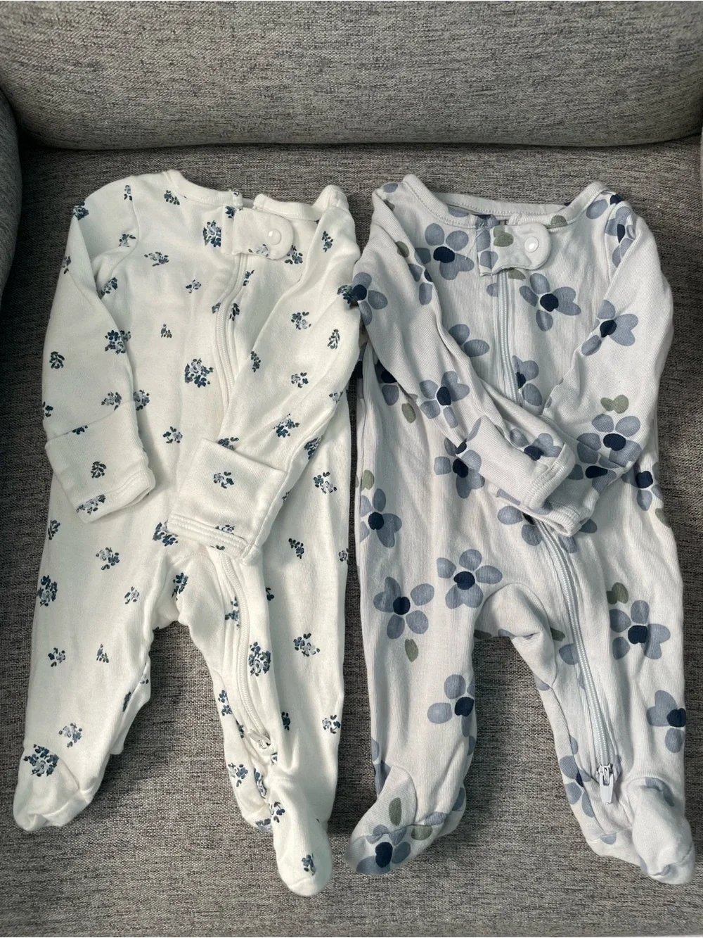 Baby Floral Footed One-Piece Sleepers - White & Light Blue